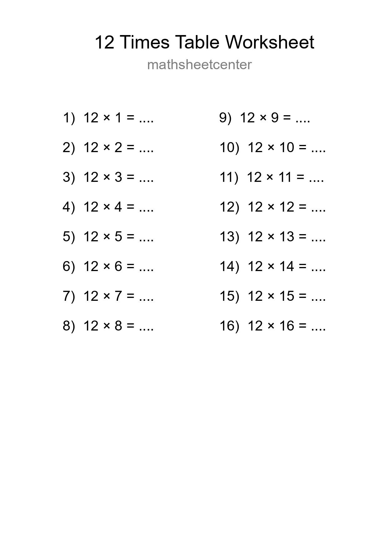 12 Times Table Worksheet For Grade 4 With Answers - Part 240