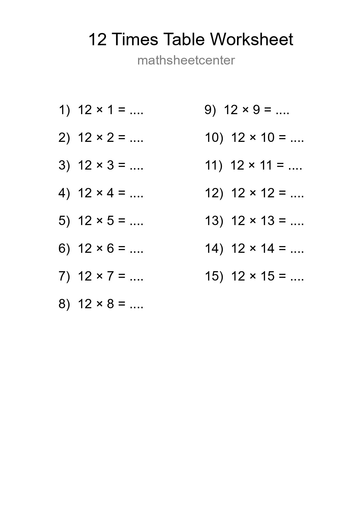 12 Times Table Worksheet For Grade 4 With Answers - Part 64