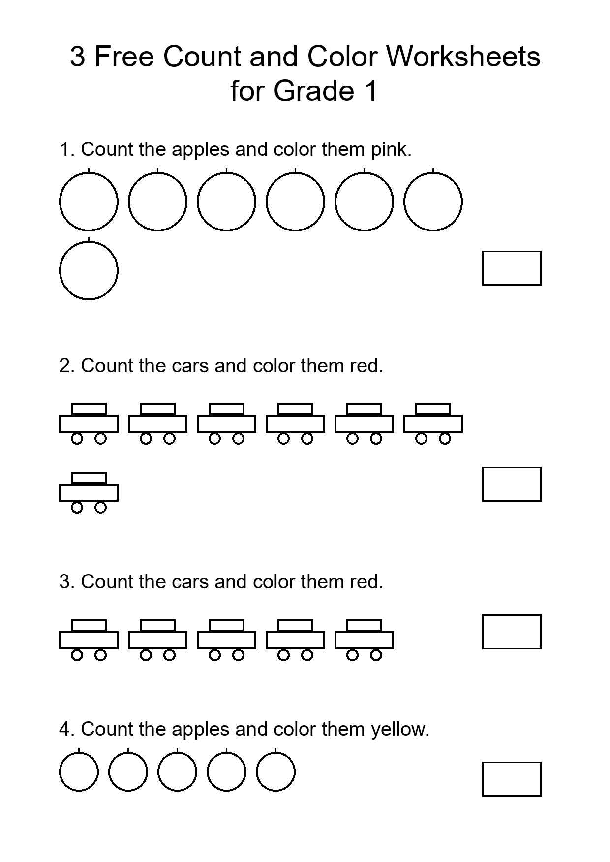 3 Free Count and Color Worksheets for Grade 1