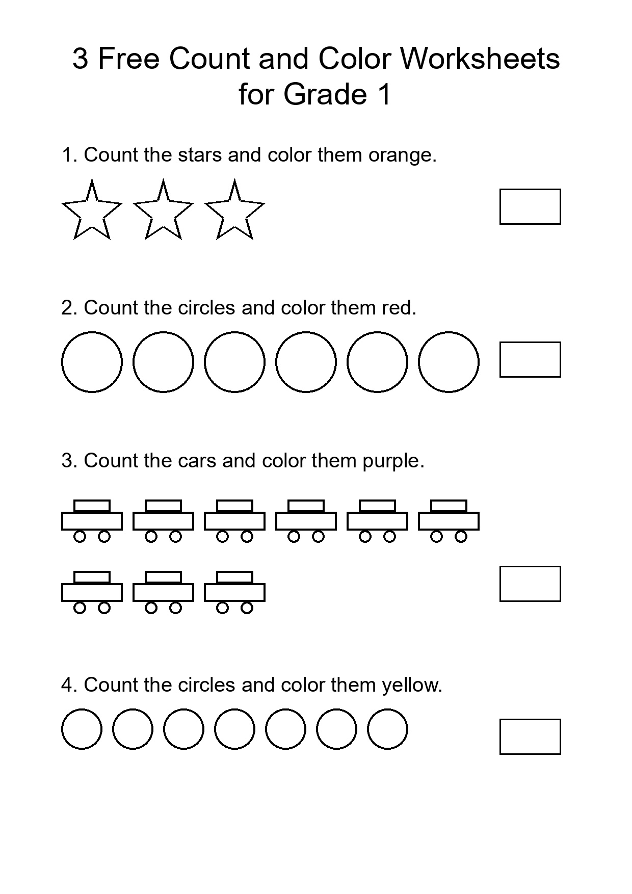 3 Free Count and Color Worksheets for Grade 1