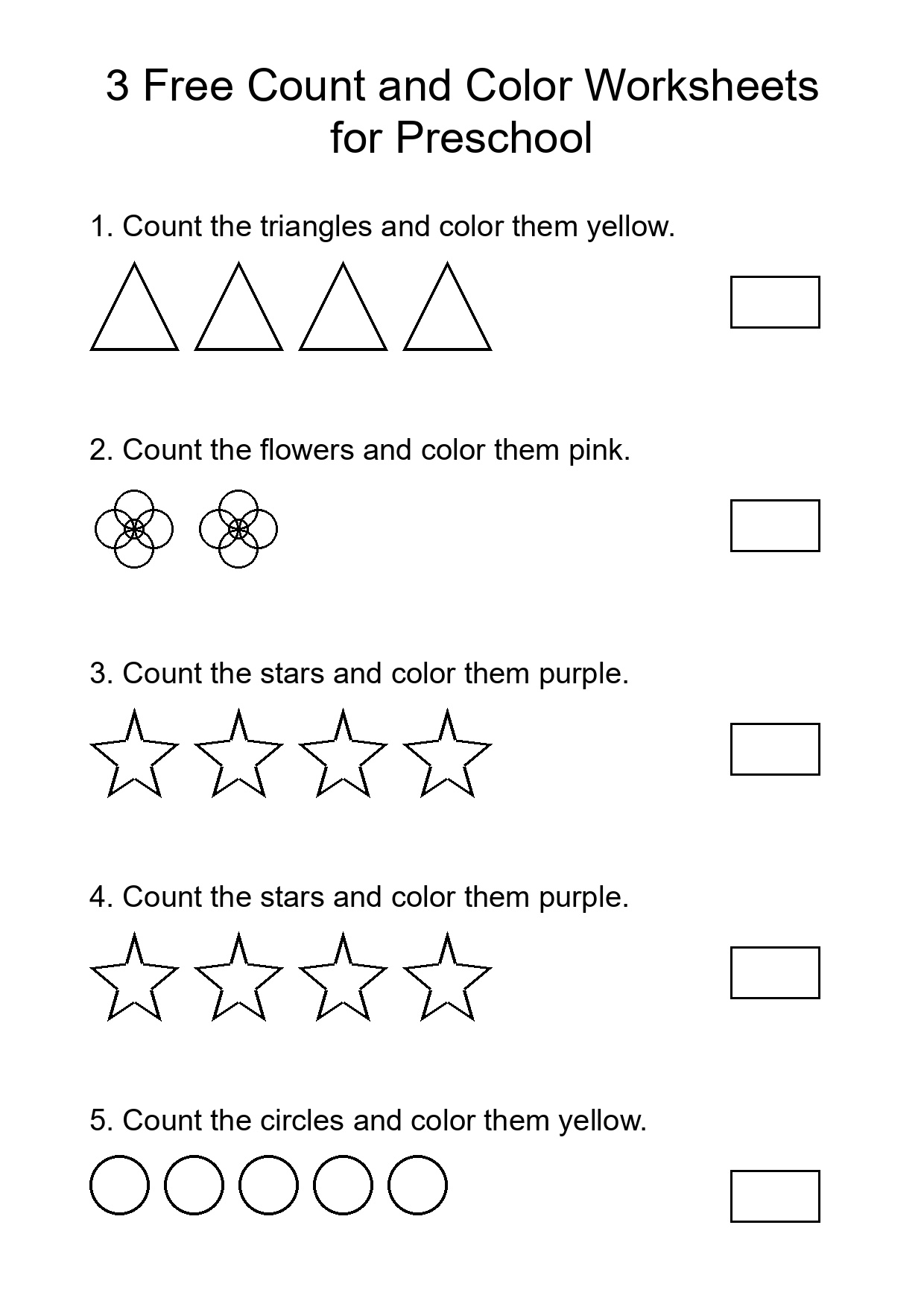 3 Free Count and Color Worksheets for Preschool