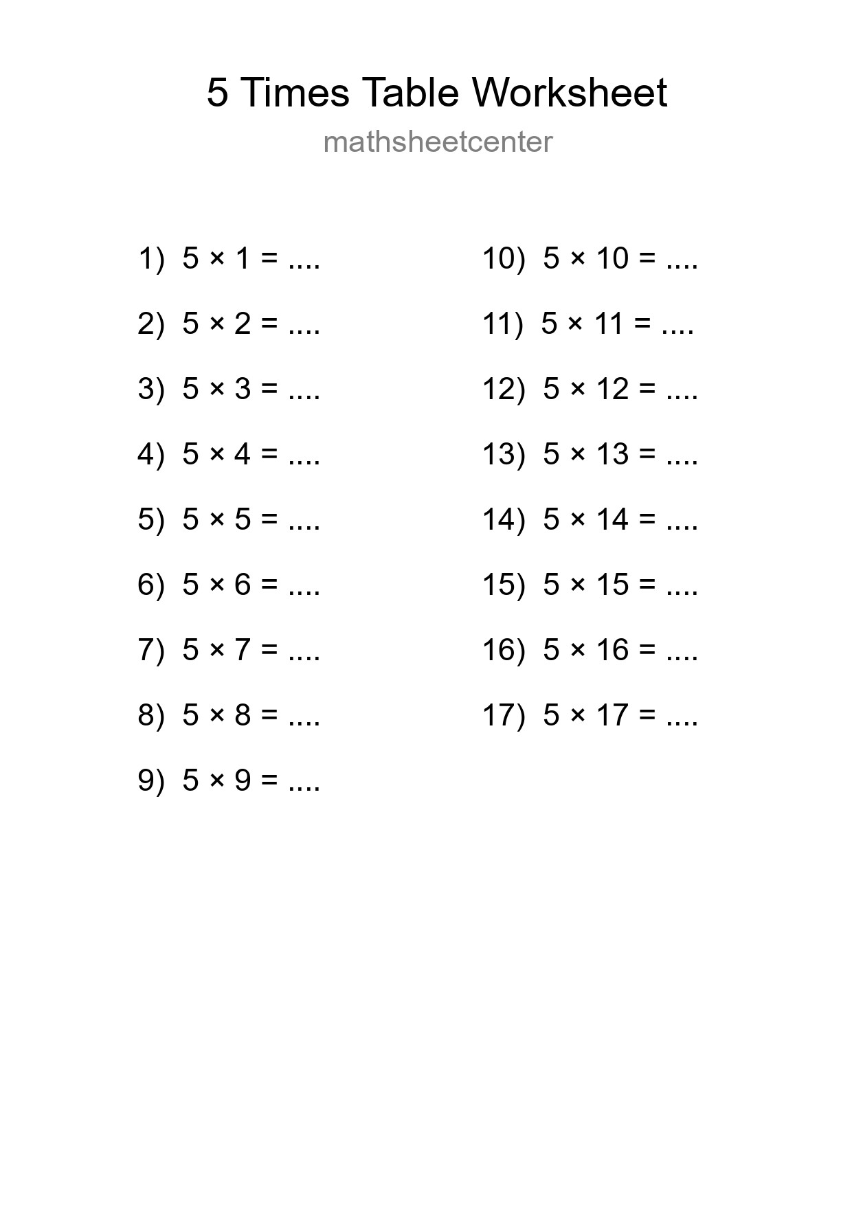 5 Times Table Worksheet For Grade 2 - Part 251