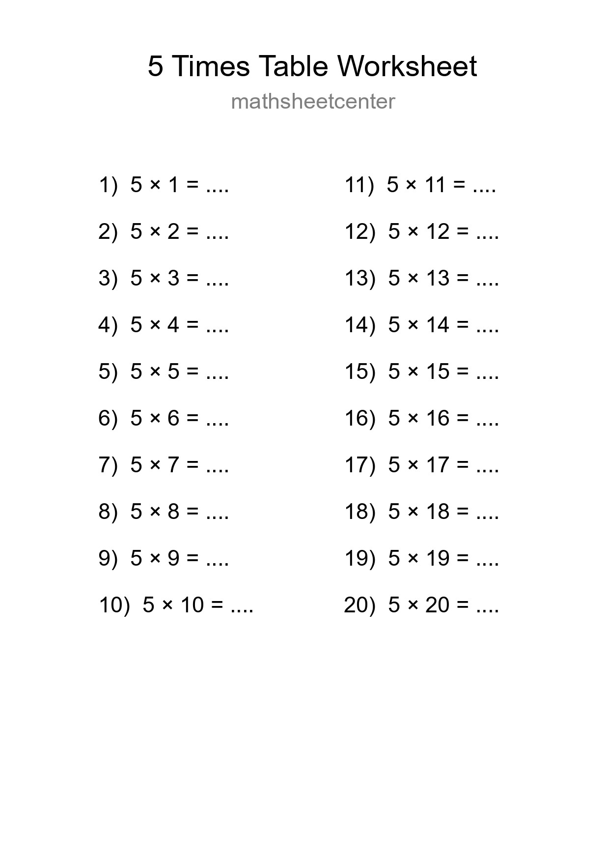 5 Times Table Worksheet For Grade 2 With Answers - Part 20