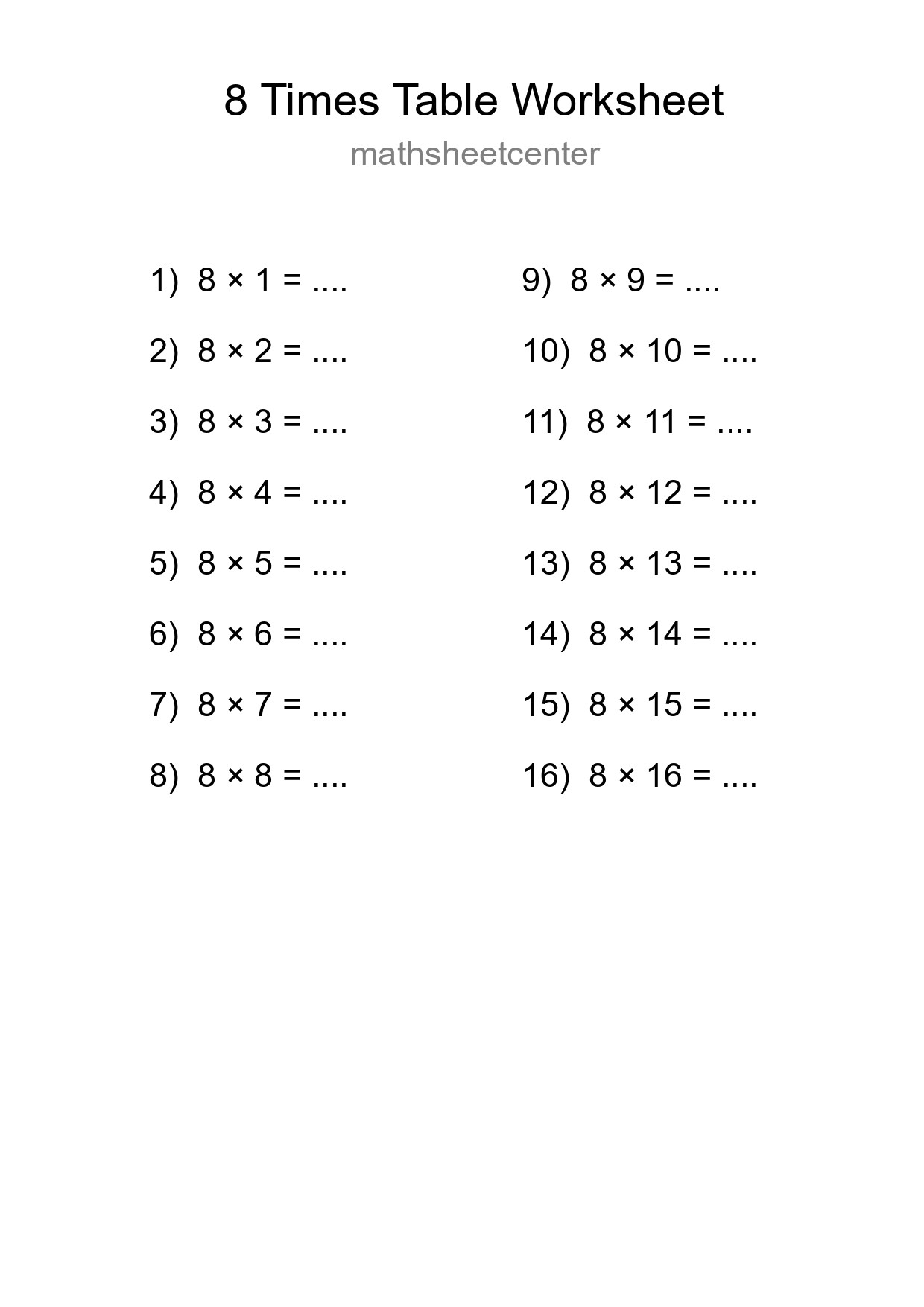 8 Times Table Worksheet For Grade 3 With Answers - Part 229