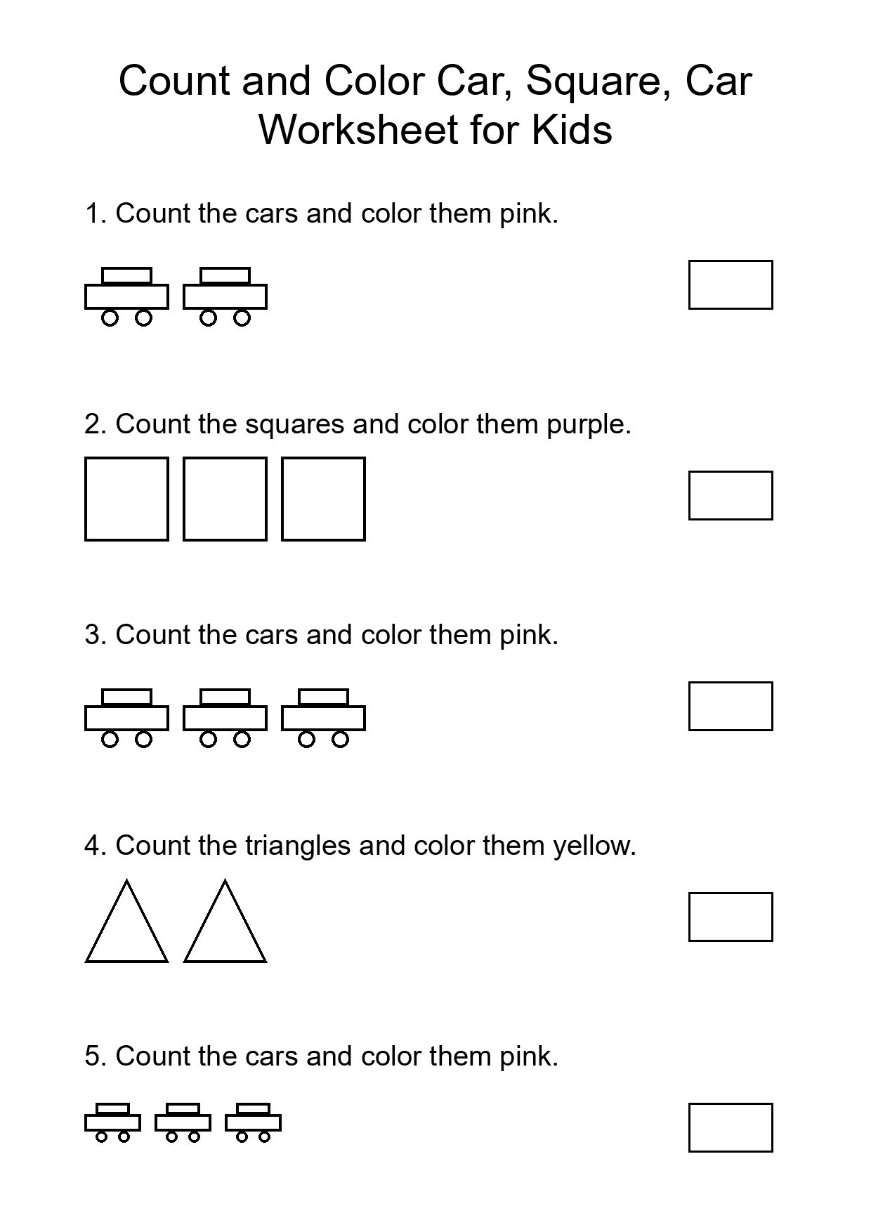 Count and Color Car, Square, Car Worksheet for Kids