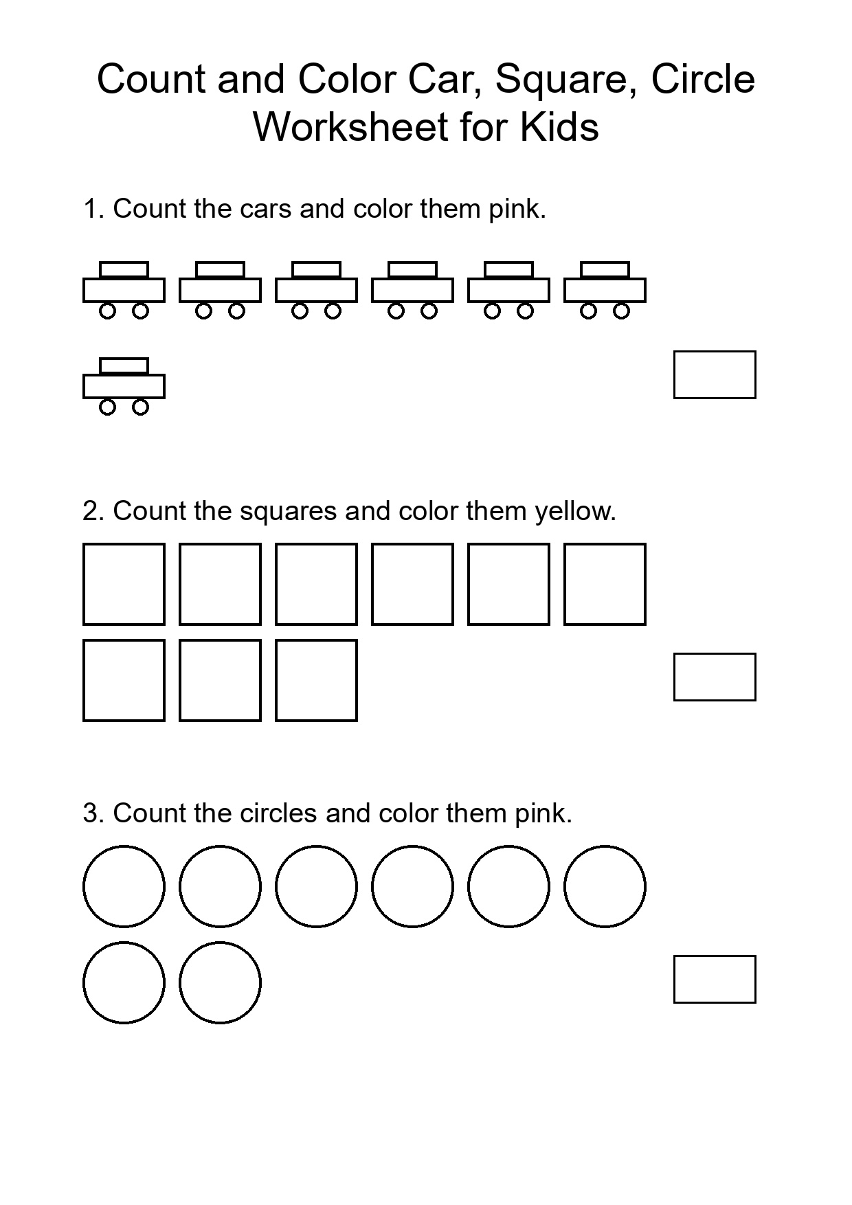 Count and Color Car, Square, Circle Worksheet for Kids