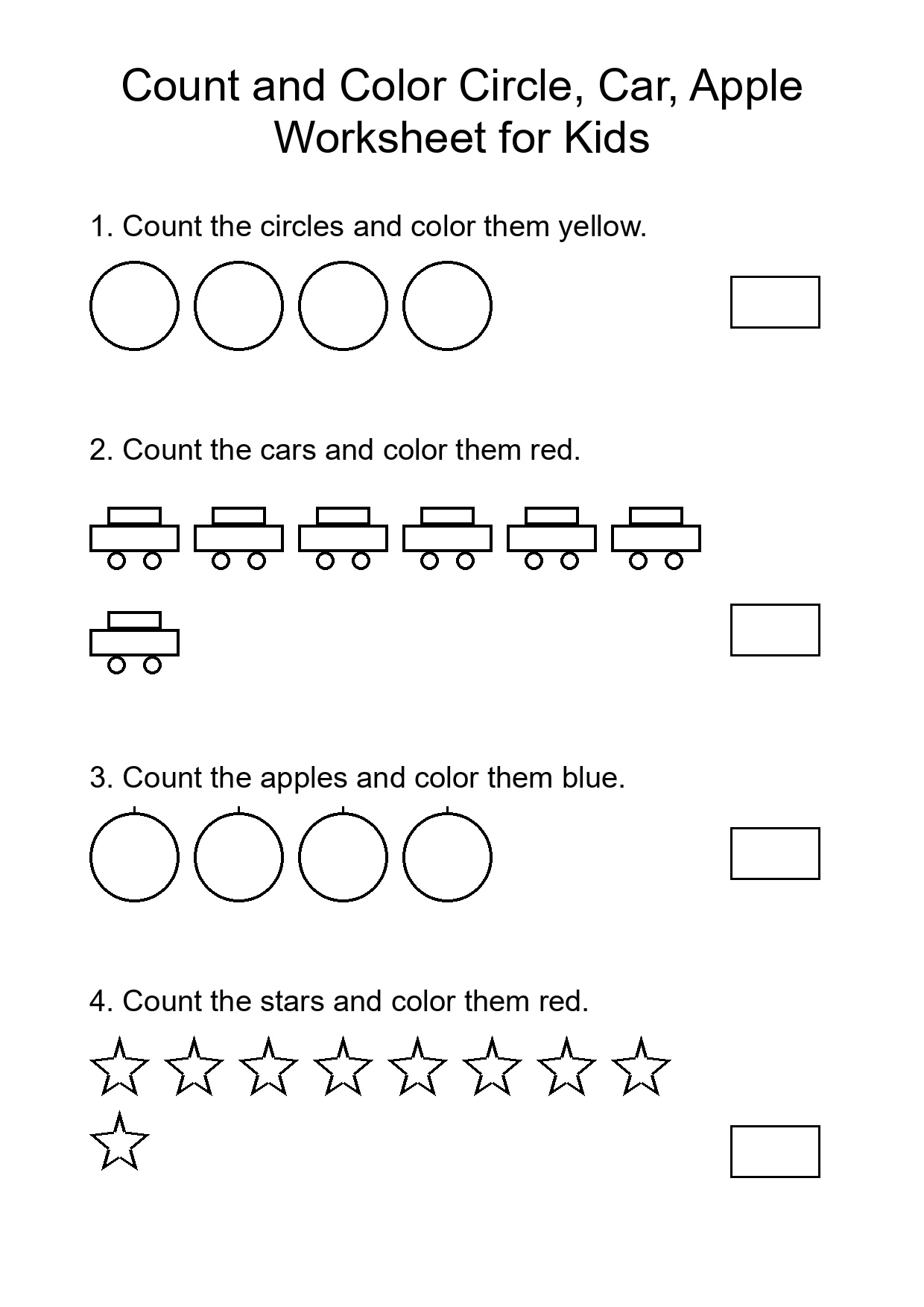 Count and Color Circle, Car, Apple Worksheet for Kids