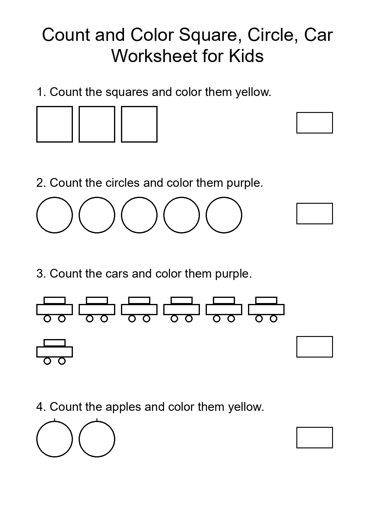 Count and Color Square, Circle, Car Worksheet for Kids