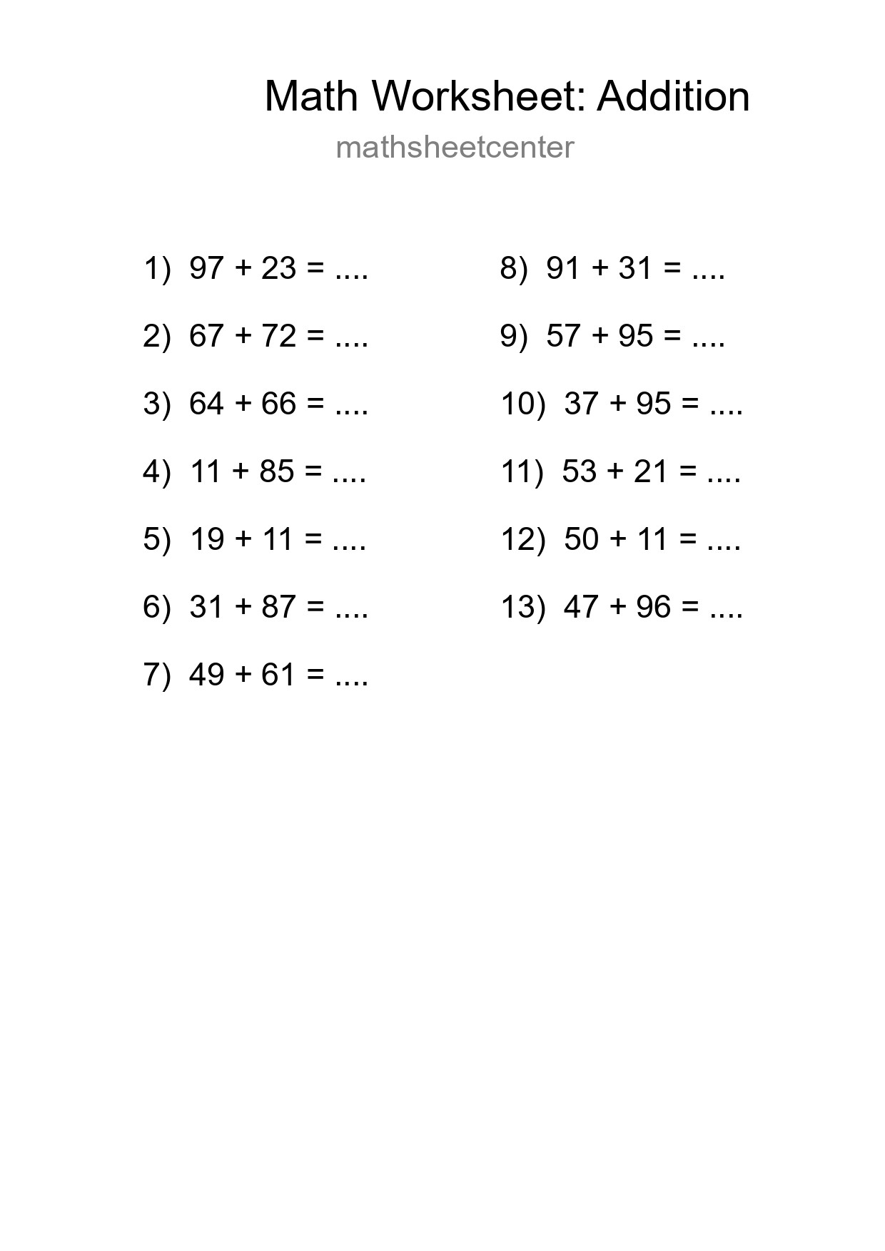 Free 13 Addition Math Worksheet For Grade 3 - Part 298