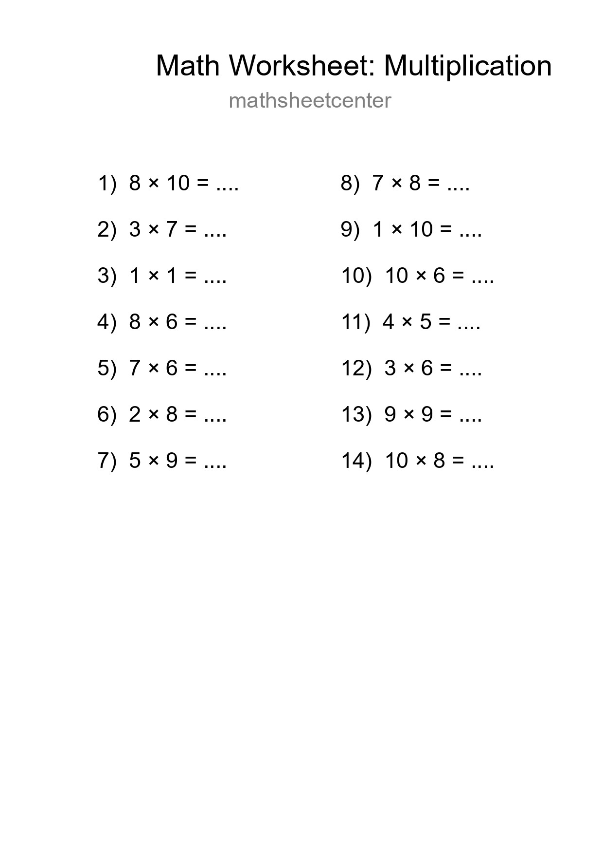 Free 14 Multiplication Math Worksheet For Grade 1 - Part 172