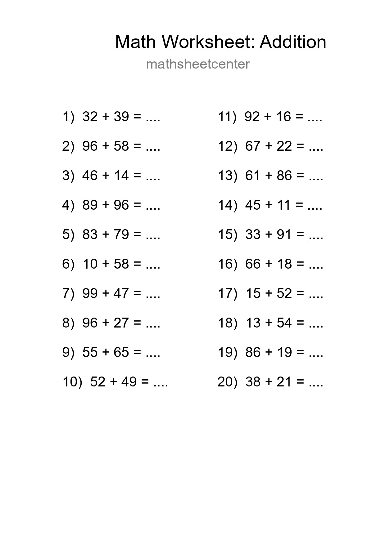 Free 20 Addition Math Worksheet For Grade 3 With Answers - Part 122