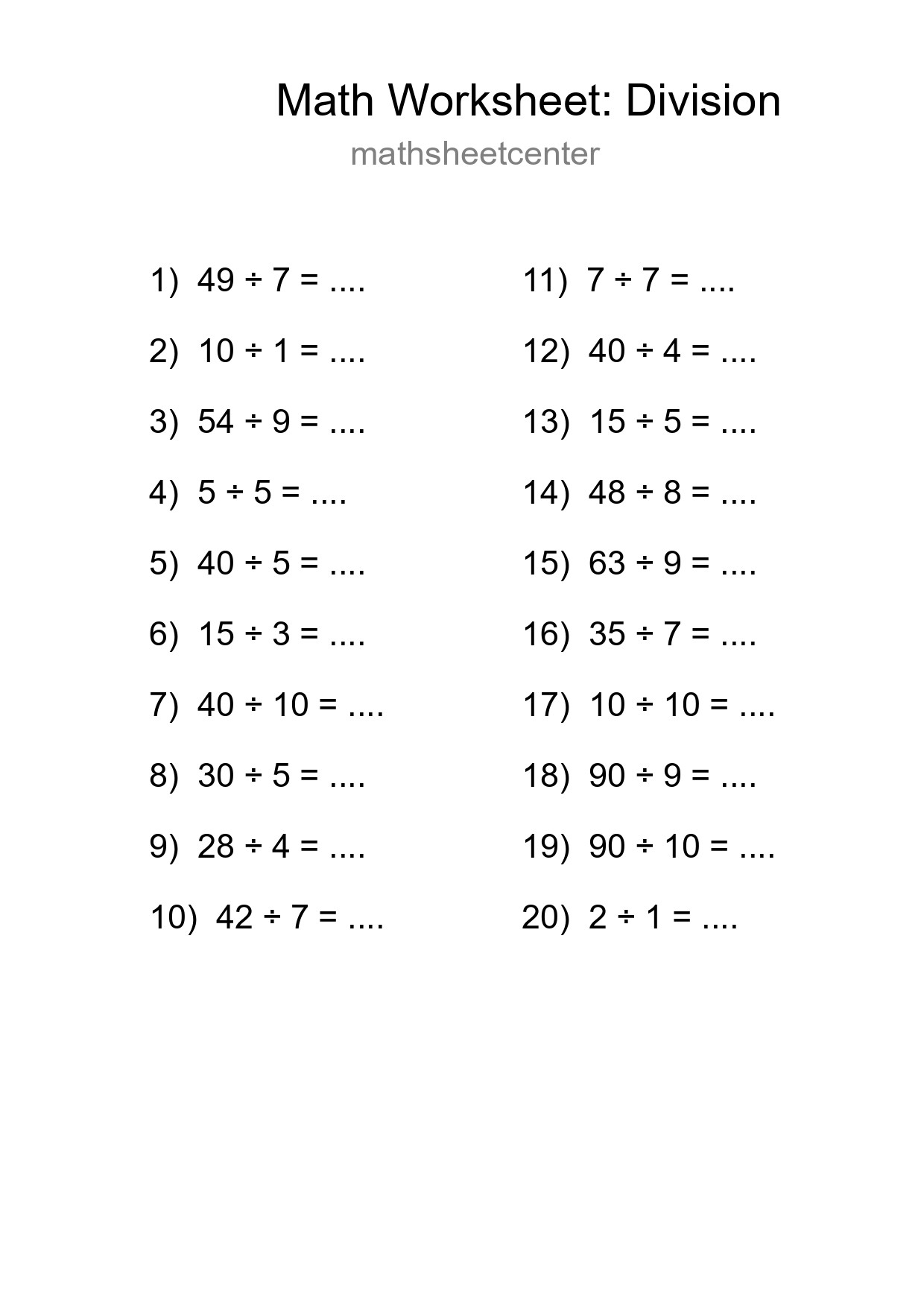 Free 20 Division Math Worksheet For Grade 1 - Part 213