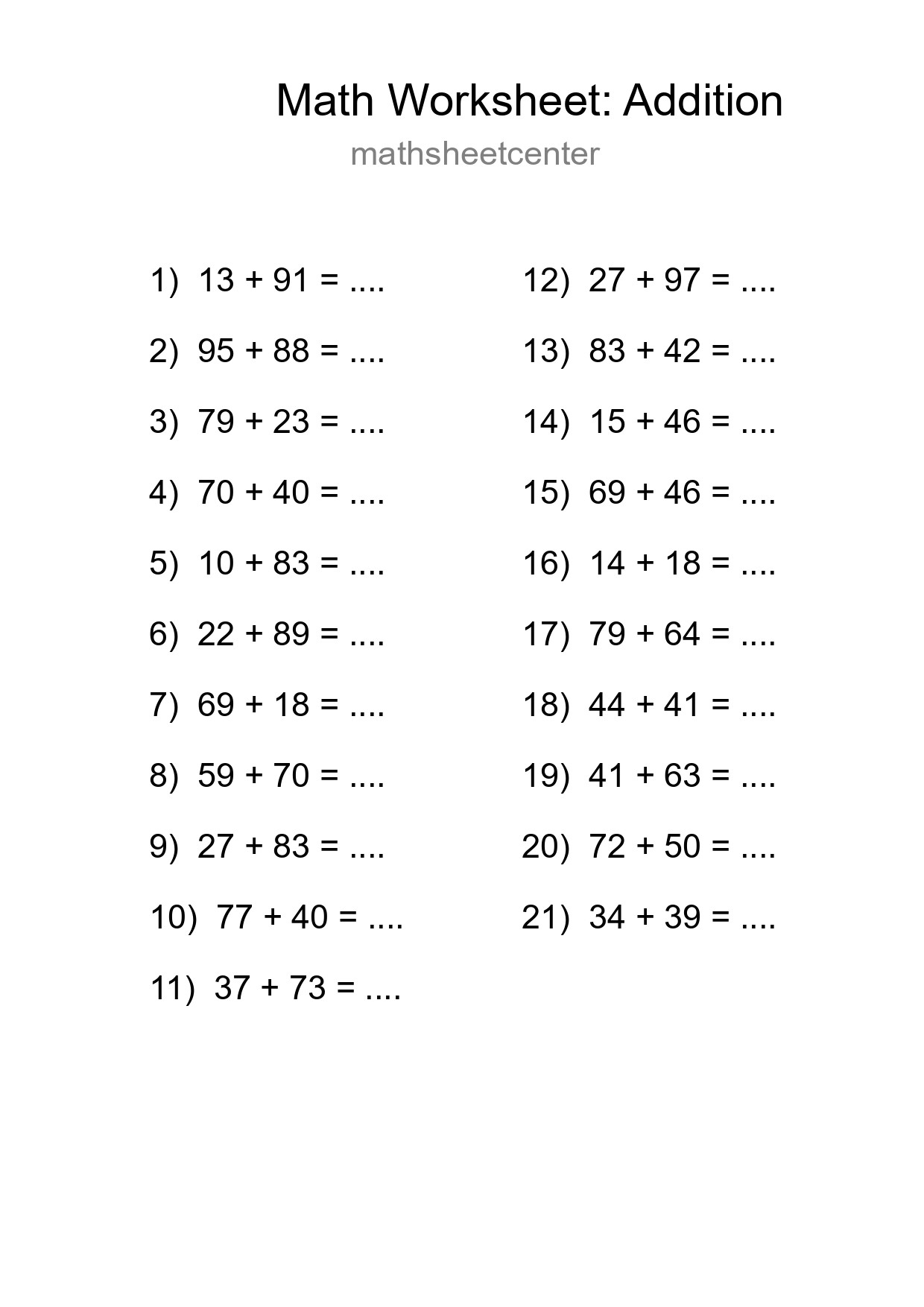 Free 21 Addition Math Worksheet For Grade 3