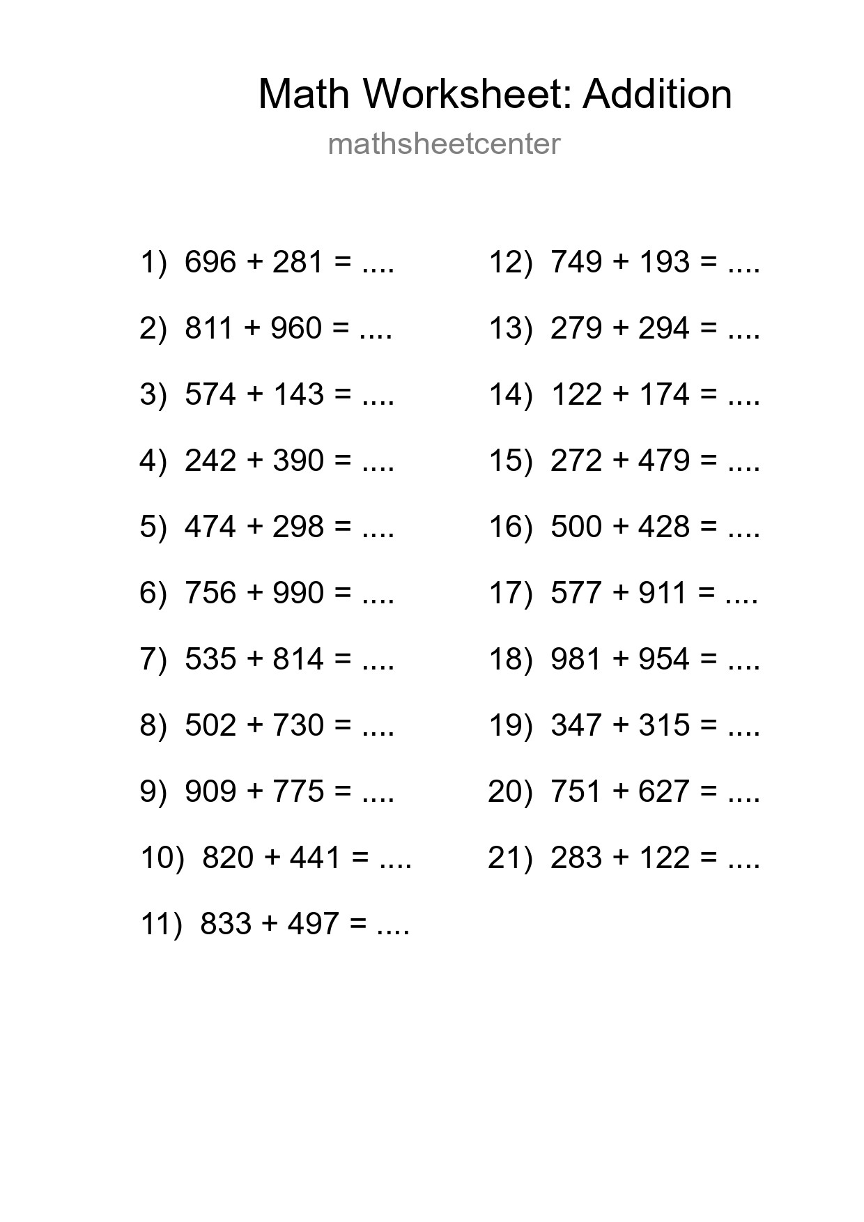 Free 21 Addition Math Worksheet For Grade 5 - Part 210