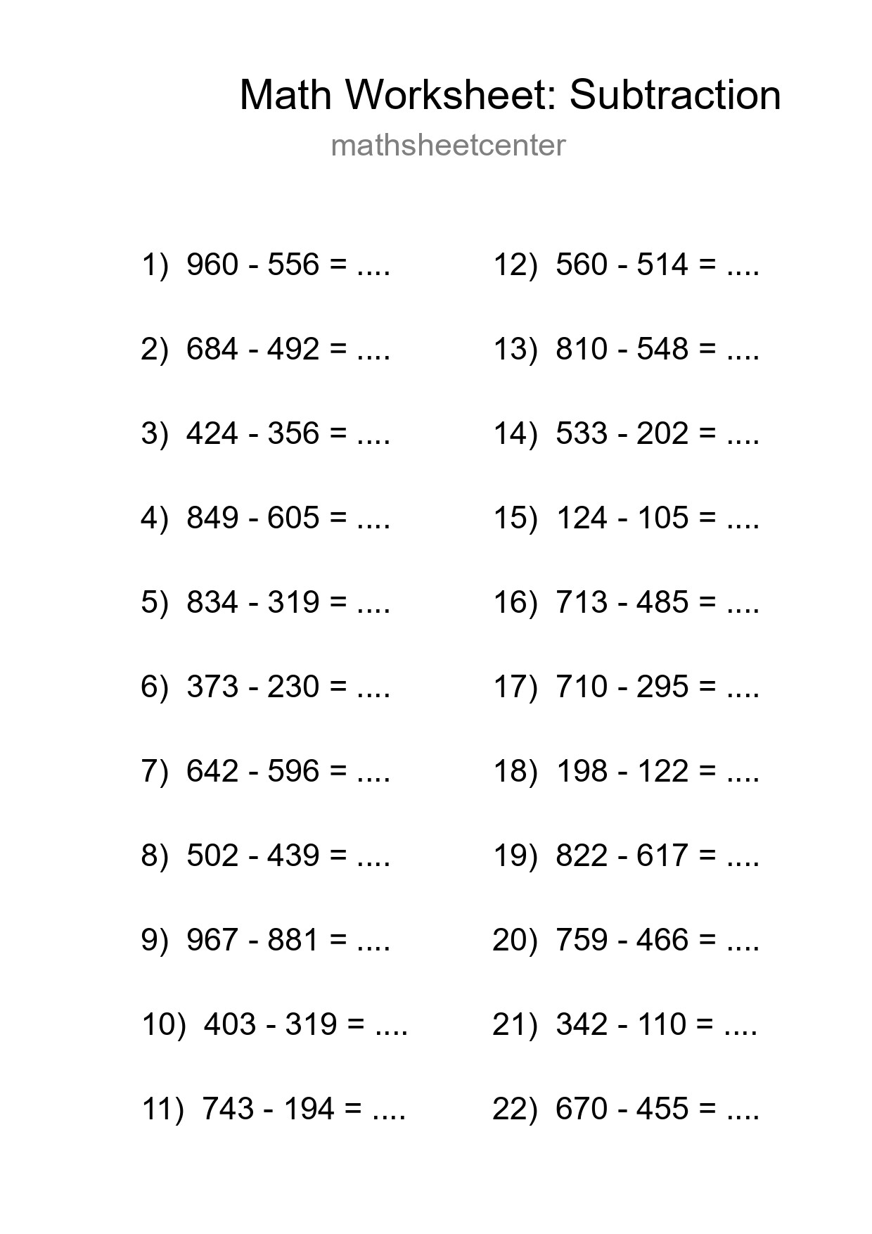 Free 22 Subtraction Math Worksheet For Grade 5 - Part 85