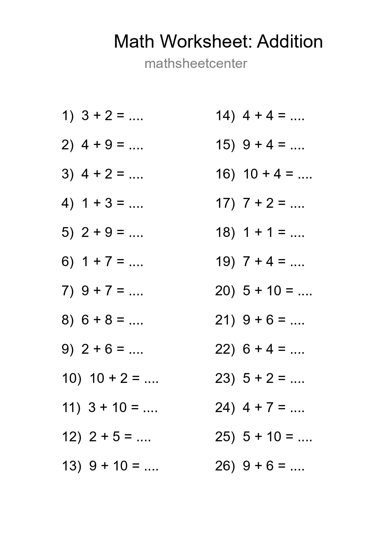 Free 26 Addition Math Worksheet For Grade 1 - Part 12