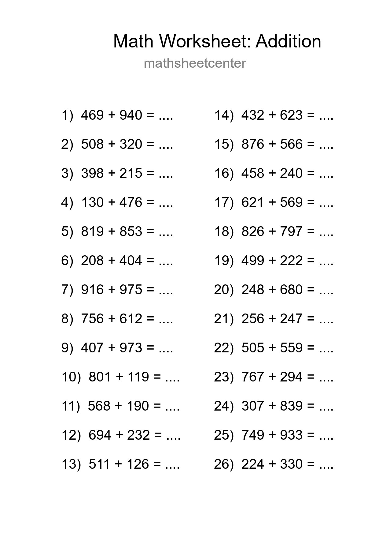 Free 26 Addition Math Worksheet For Grade 5 - Part 254