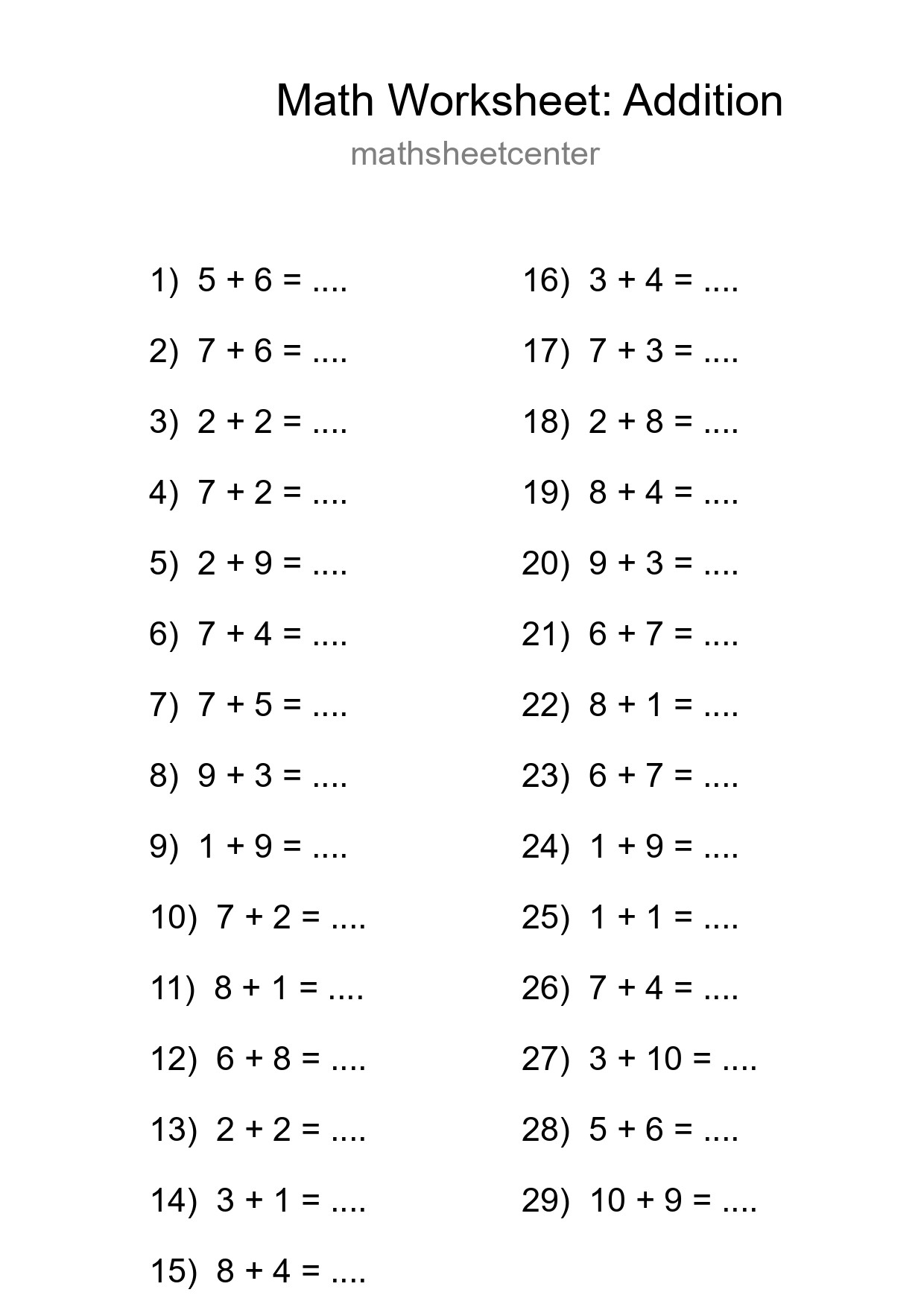 Free 29 Addition Math Worksheet For Grade 1 - Part 276