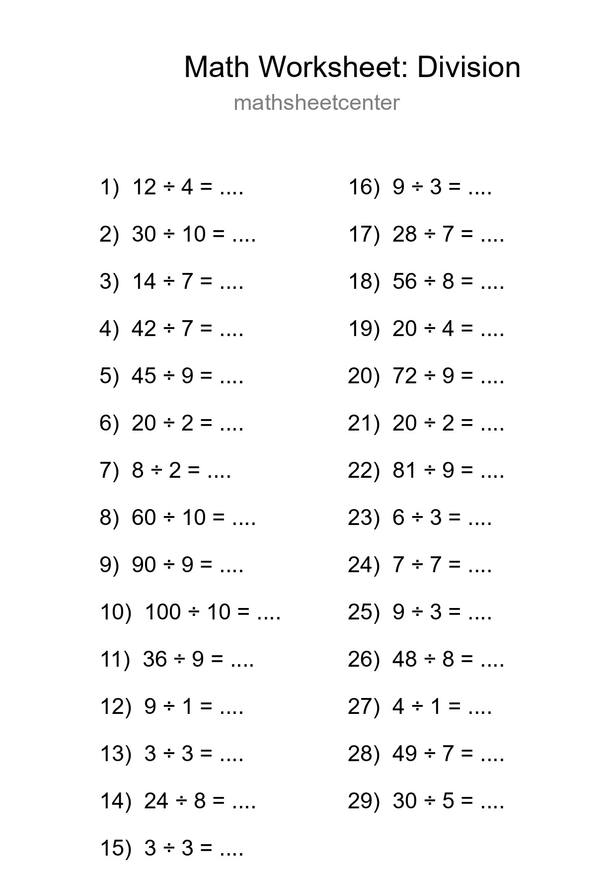 Free 29 Division Math Worksheet For Grade 1 With Answers - Part 180