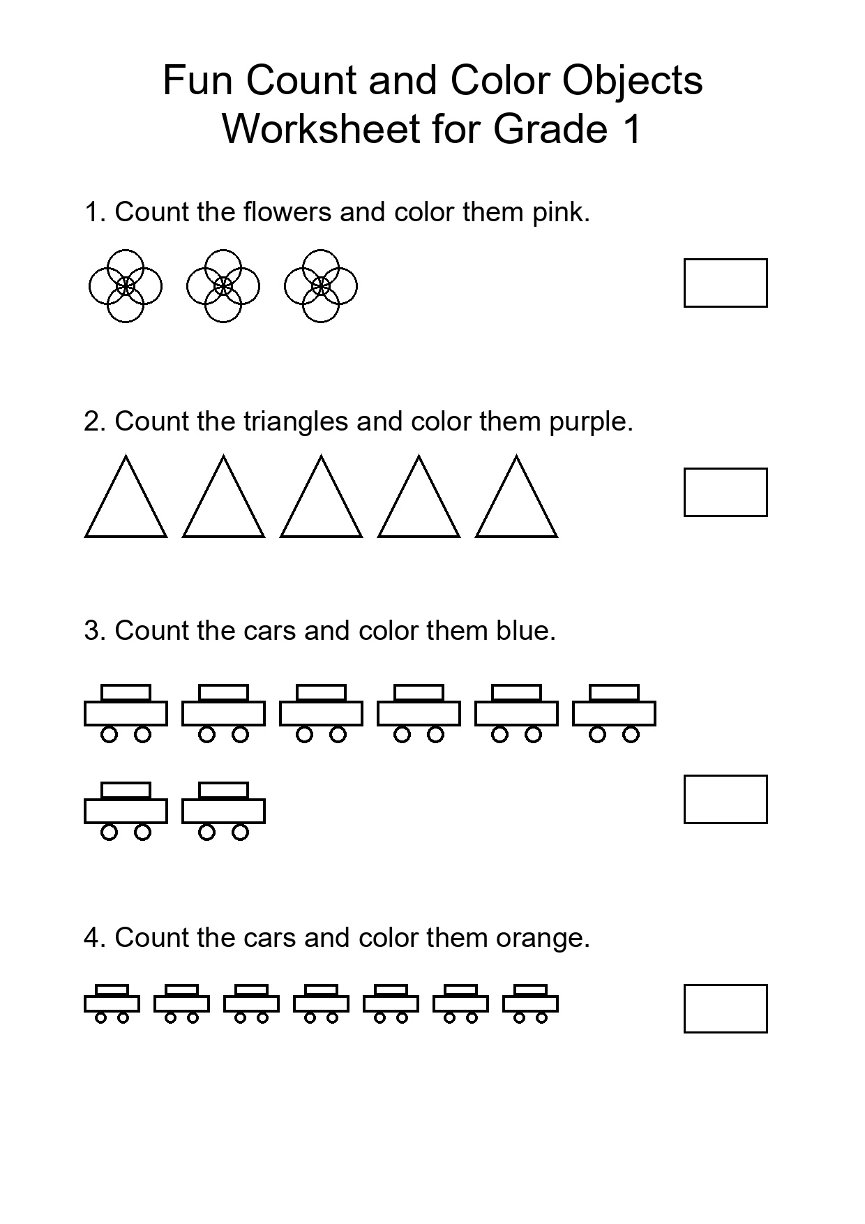 Fun Count and Color Objects Worksheet for Grade 1
