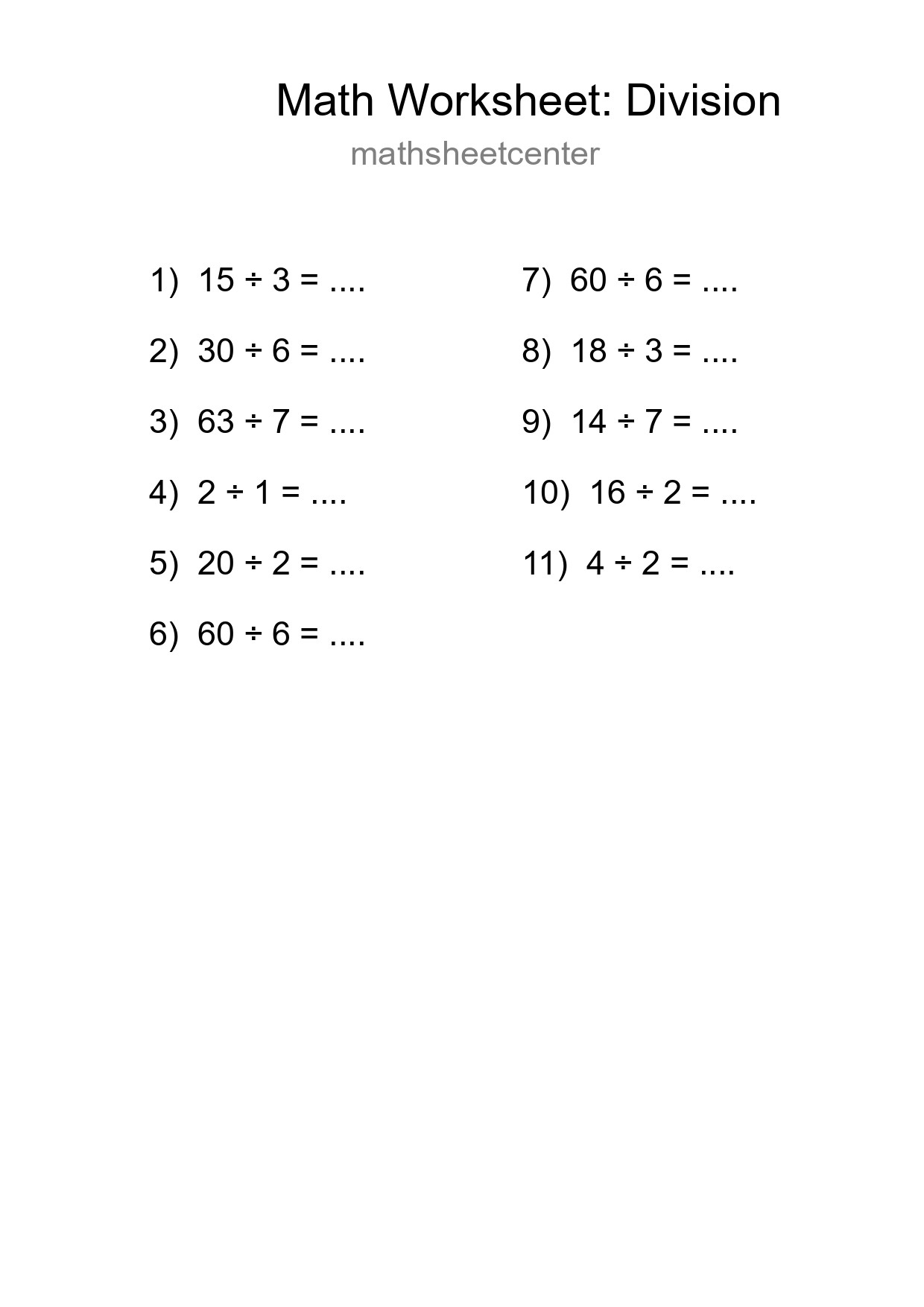 Grade 1 Division Practice Worksheet (11 Problems) - Part 191