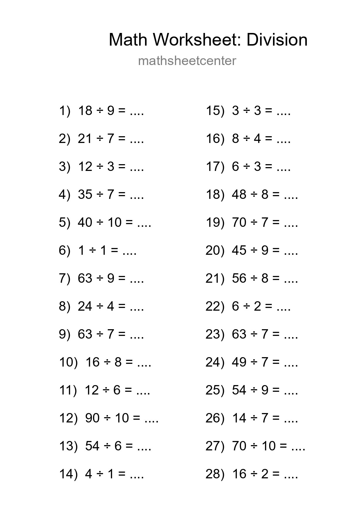 Grade 1 Division Practice Worksheet (28 Problems) - Part 114
