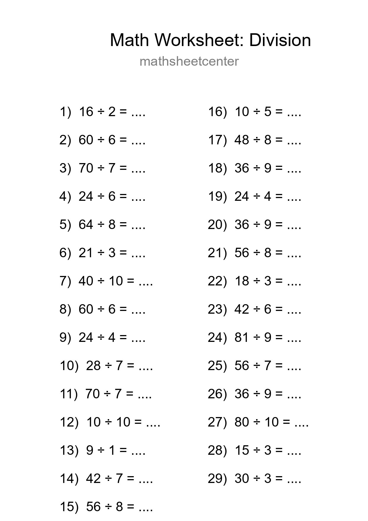 Grade 1 Division Practice Worksheet (29 Problems) - Part 246