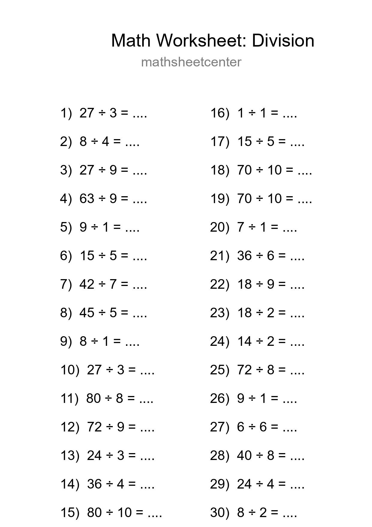 Grade 1 Division Practice Worksheet (30 Problems) - Part 158