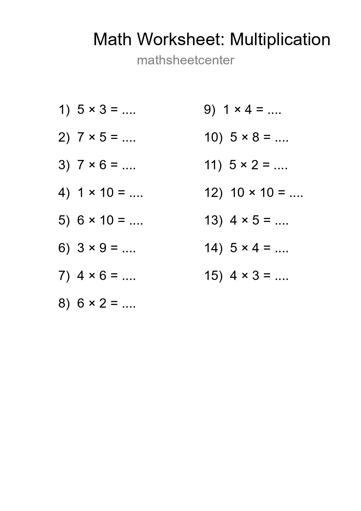 Grade 1 Multiplication Practice Worksheet (15 Problems) - Part 260