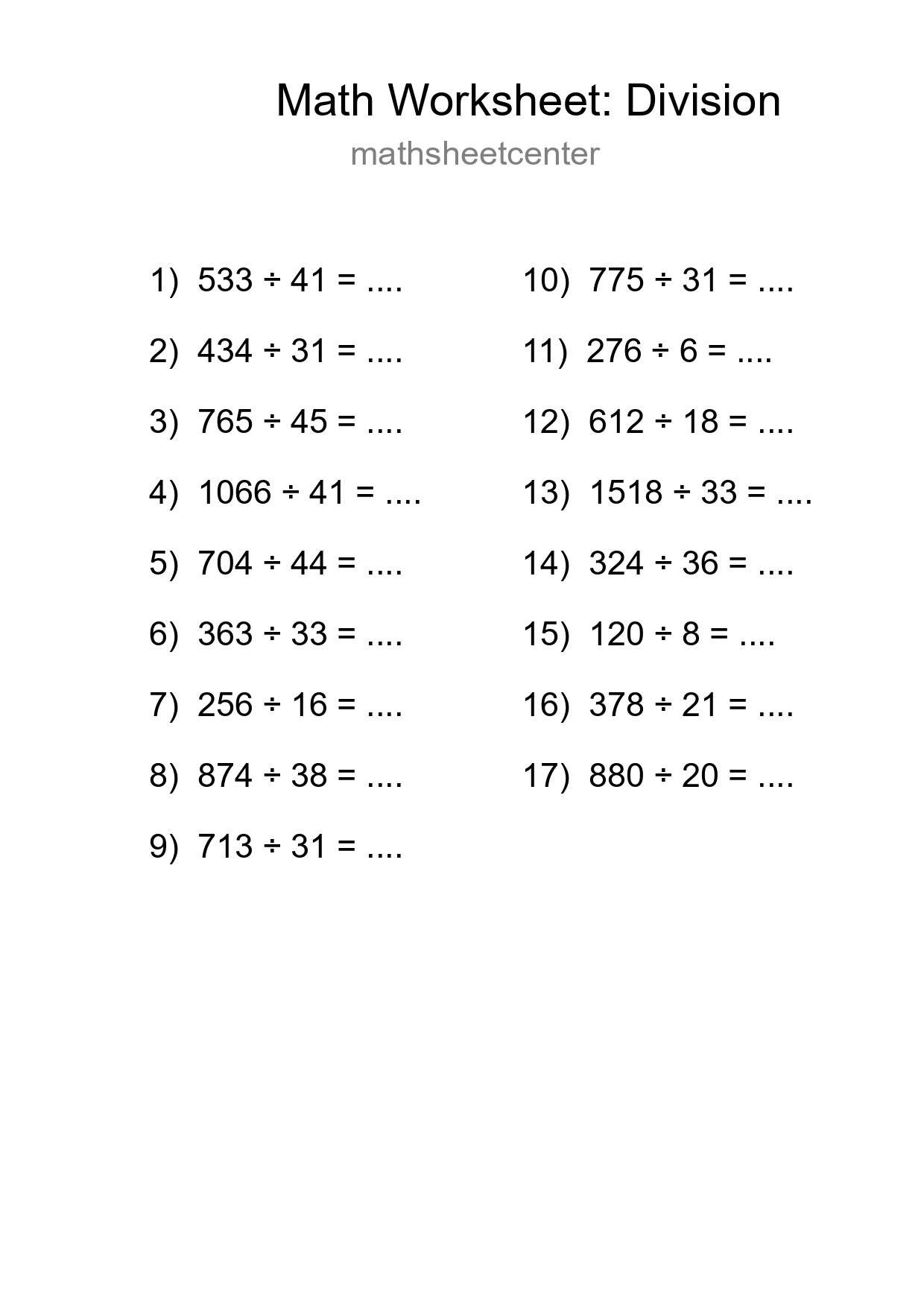 Grade 2 Division Practice Worksheet (17 Problems) - Part 136