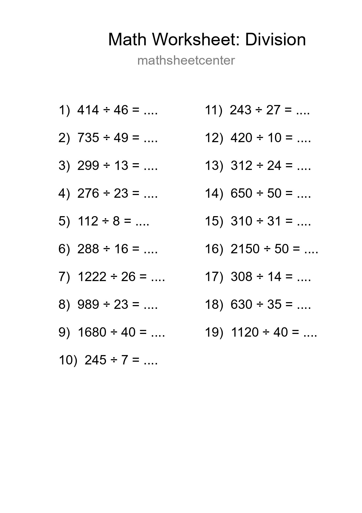 Grade 2 Division Practice Worksheet (19 Problems) - Part 268
