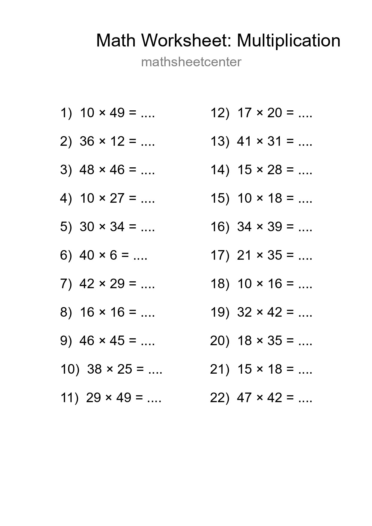 Grade 2 Multiplication Practice Worksheet (22 Problems) - Part 7