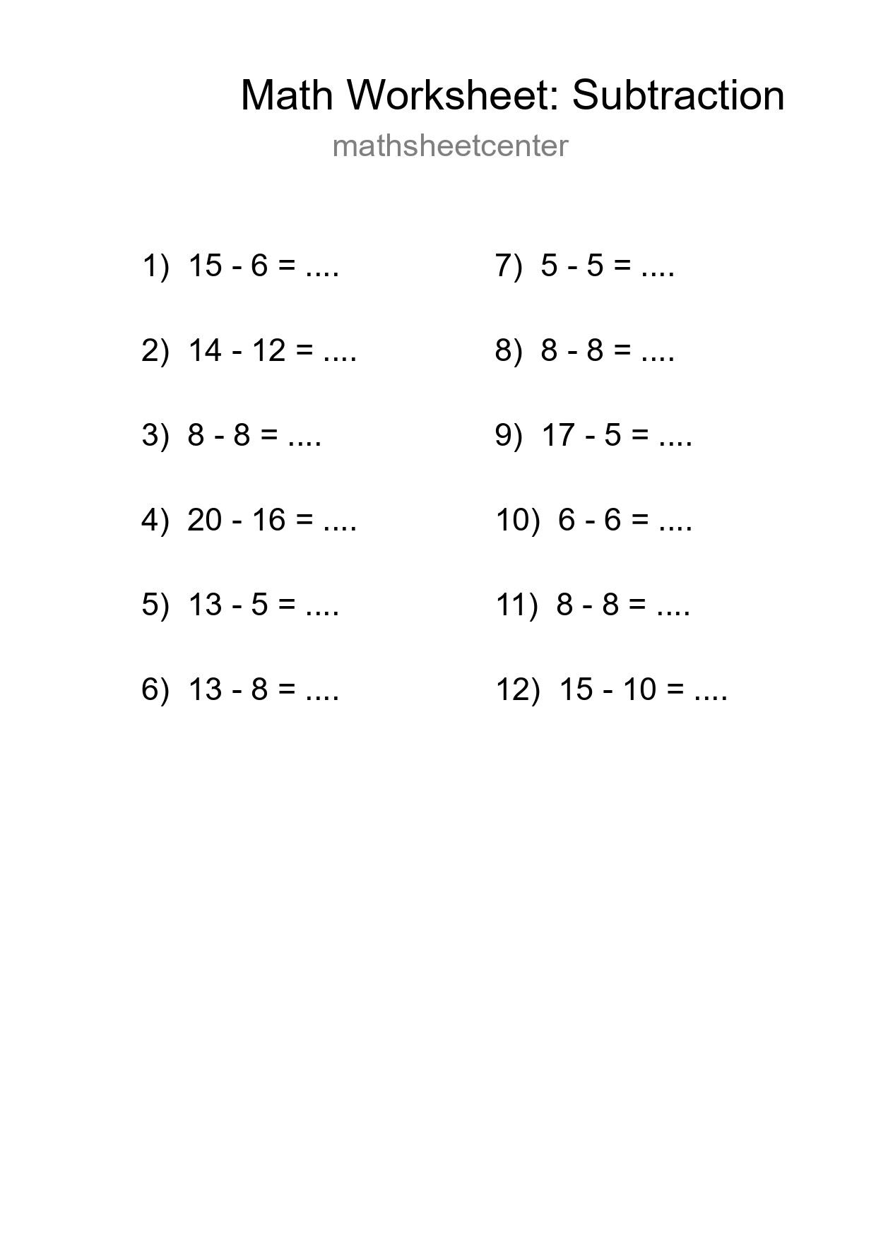 Grade 2 Subtraction Practice Worksheet (12 Problems) - Part 19