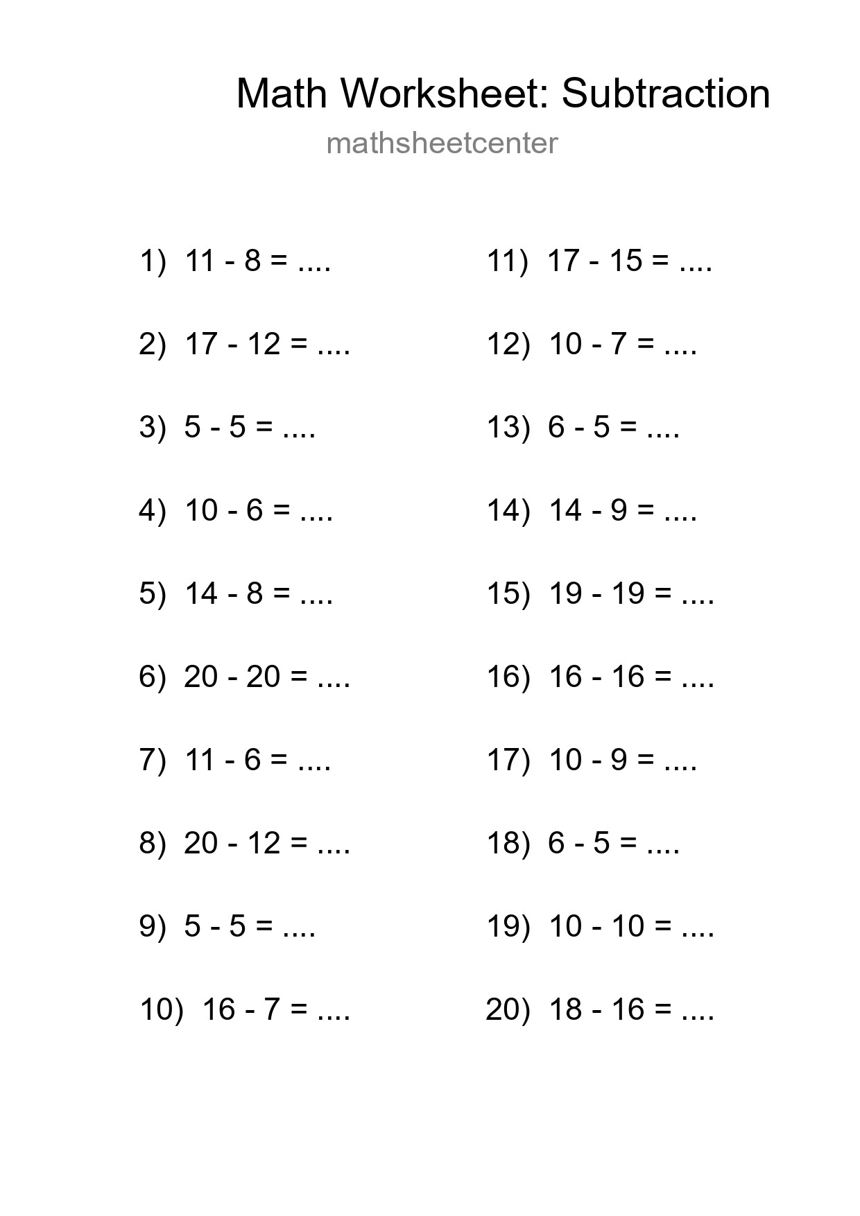 Grade 2 Subtraction Practice Worksheet (20 Problems) - Part 173