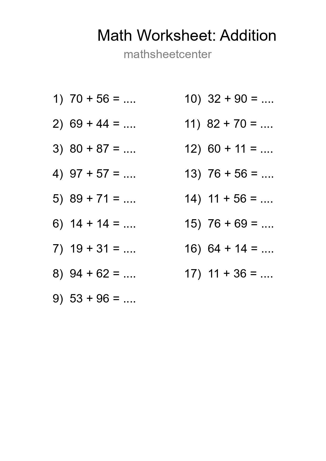 Grade 3 Addition Practice Worksheet (17 Problems) - Part 133