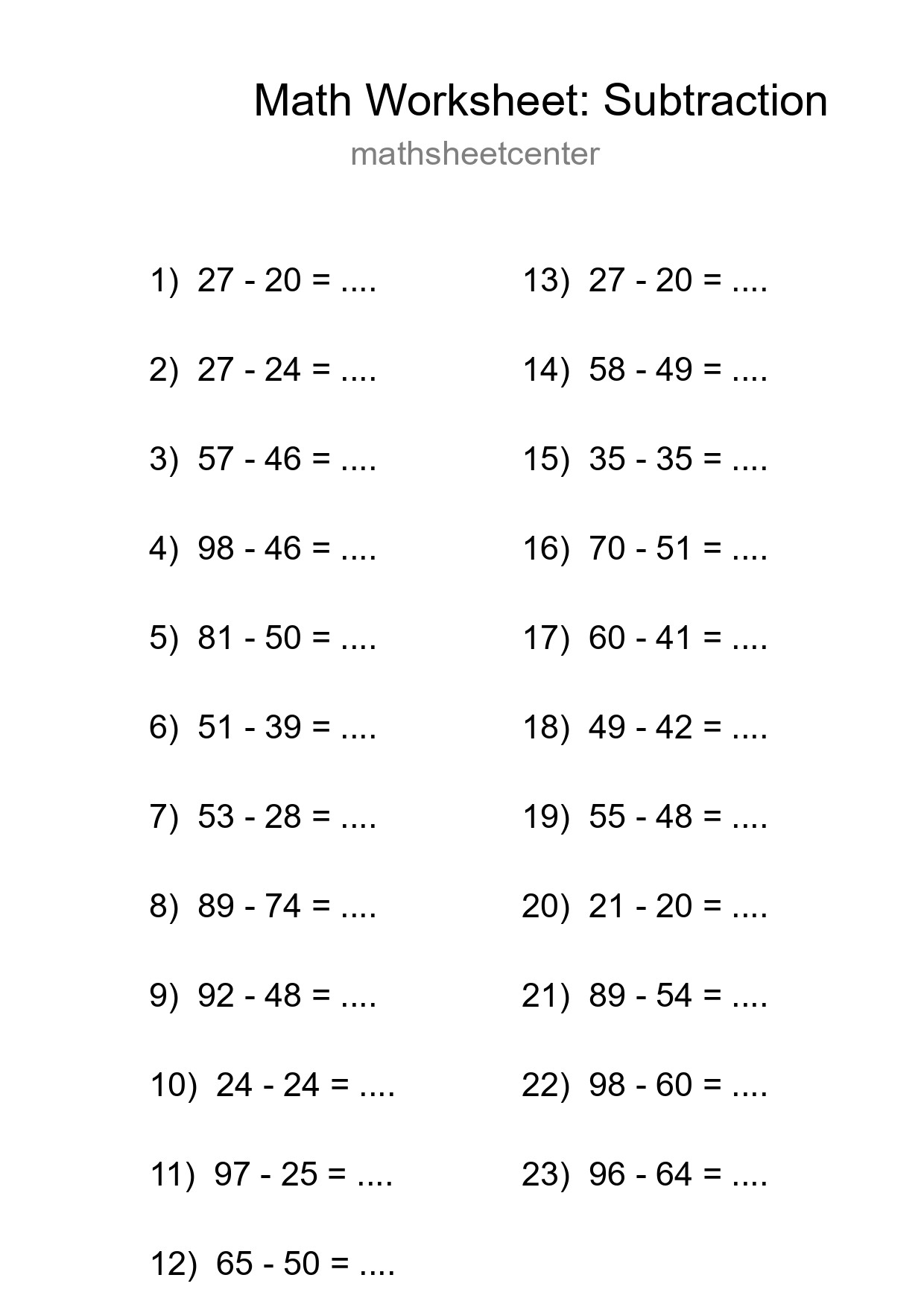 Grade 3 Subtraction Practice Worksheet (23 Problems) - Part 30