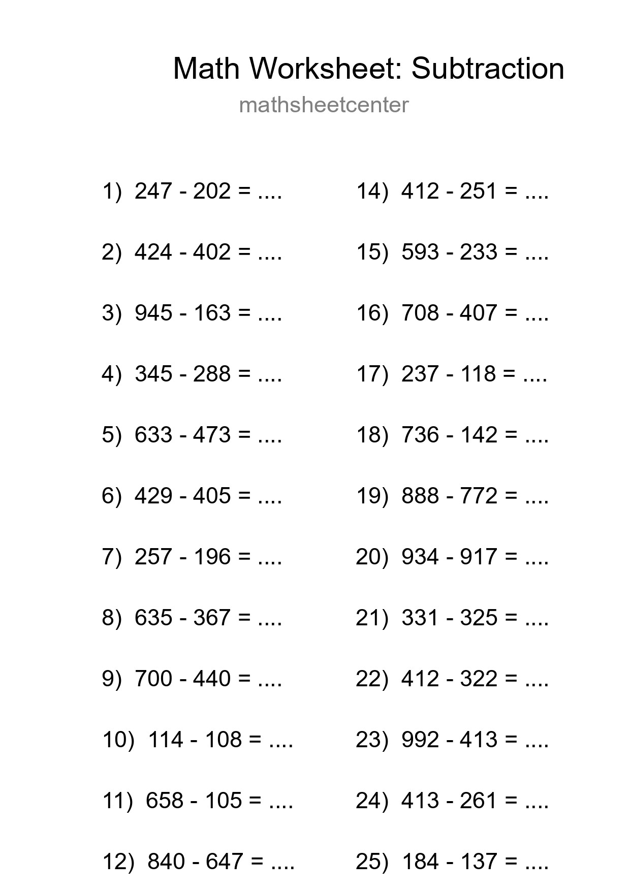 Grade 5 Subtraction Practice Worksheet (26 Problems) - Part 107