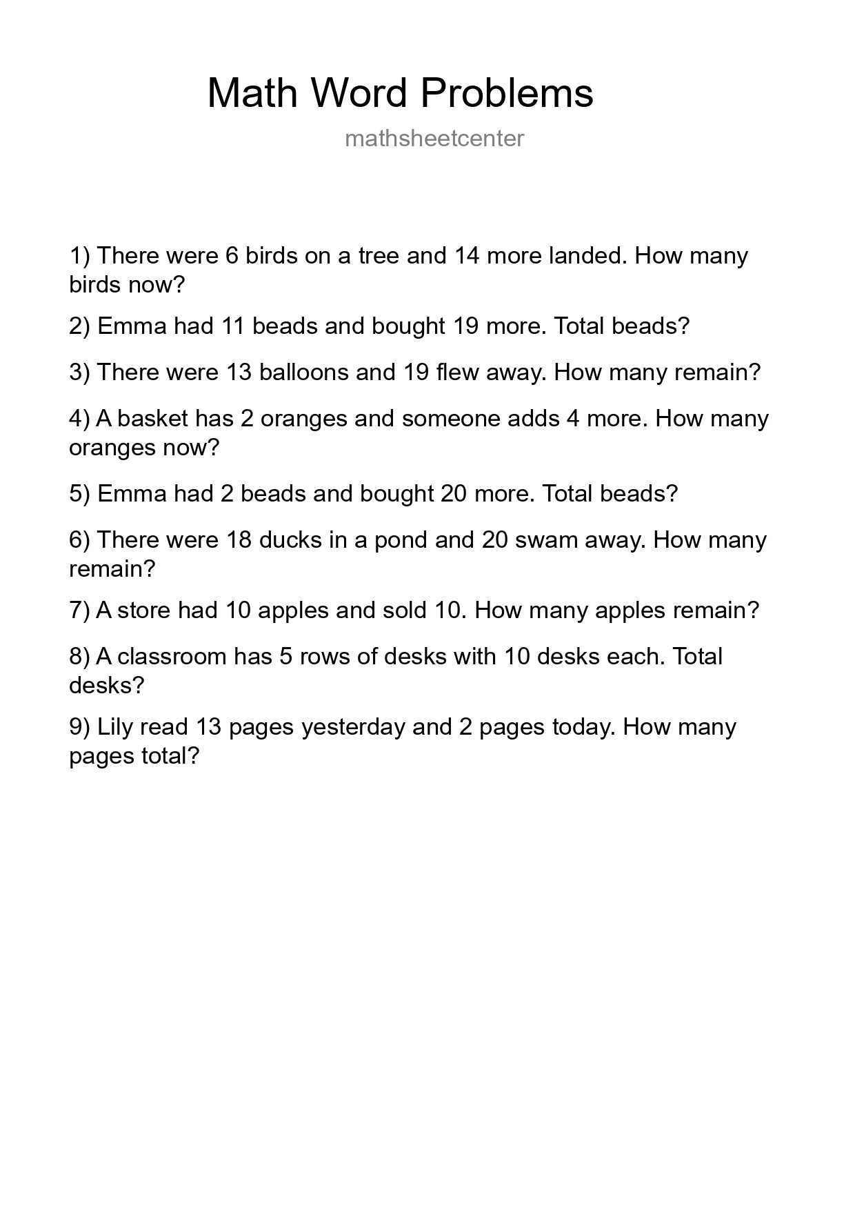 Math Word Problem Worksheet