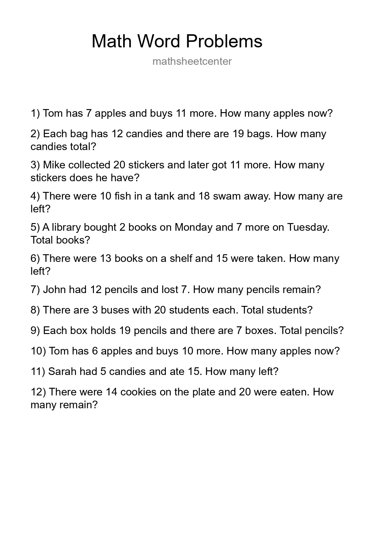Math Word Problem Worksheet