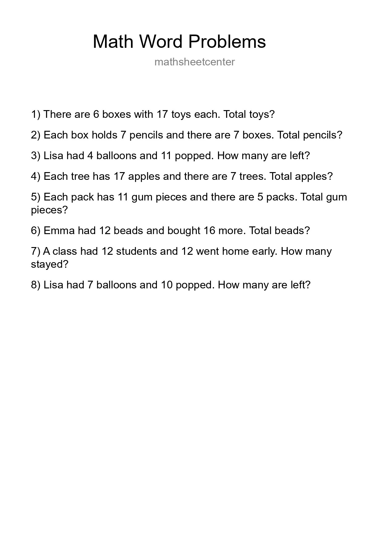 Math Word Problem Worksheet