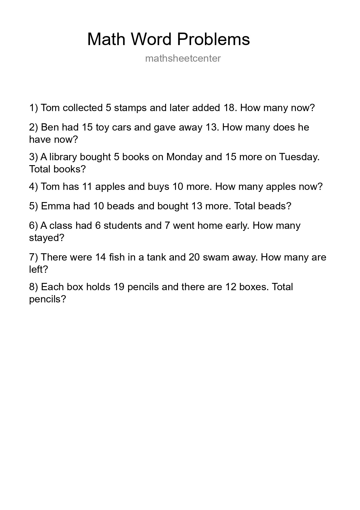 Math Word Problem Worksheet