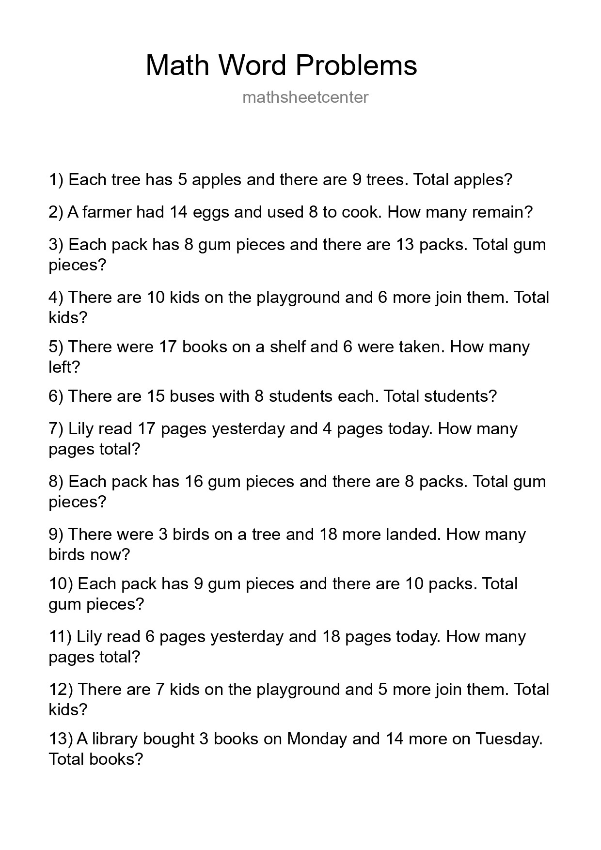 Math Word Problem Worksheet