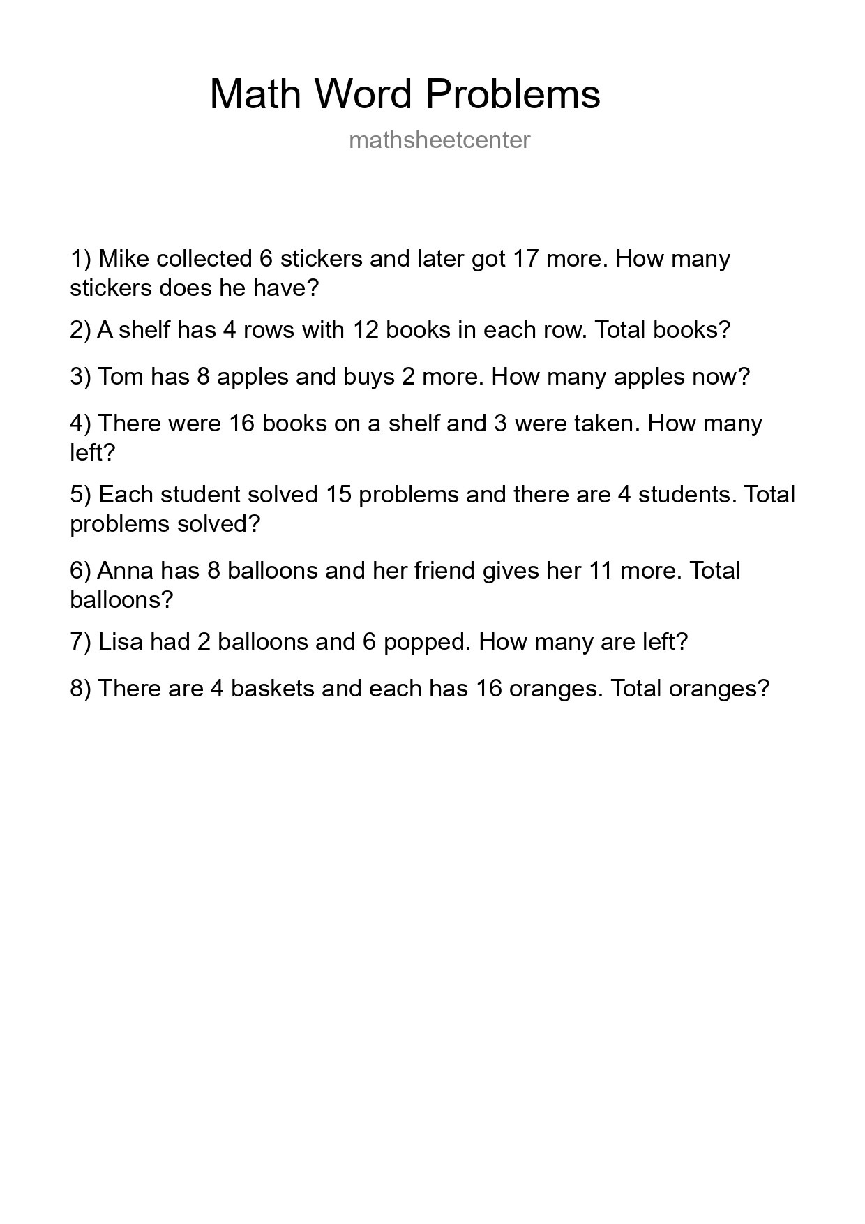Math Word Problem Worksheet