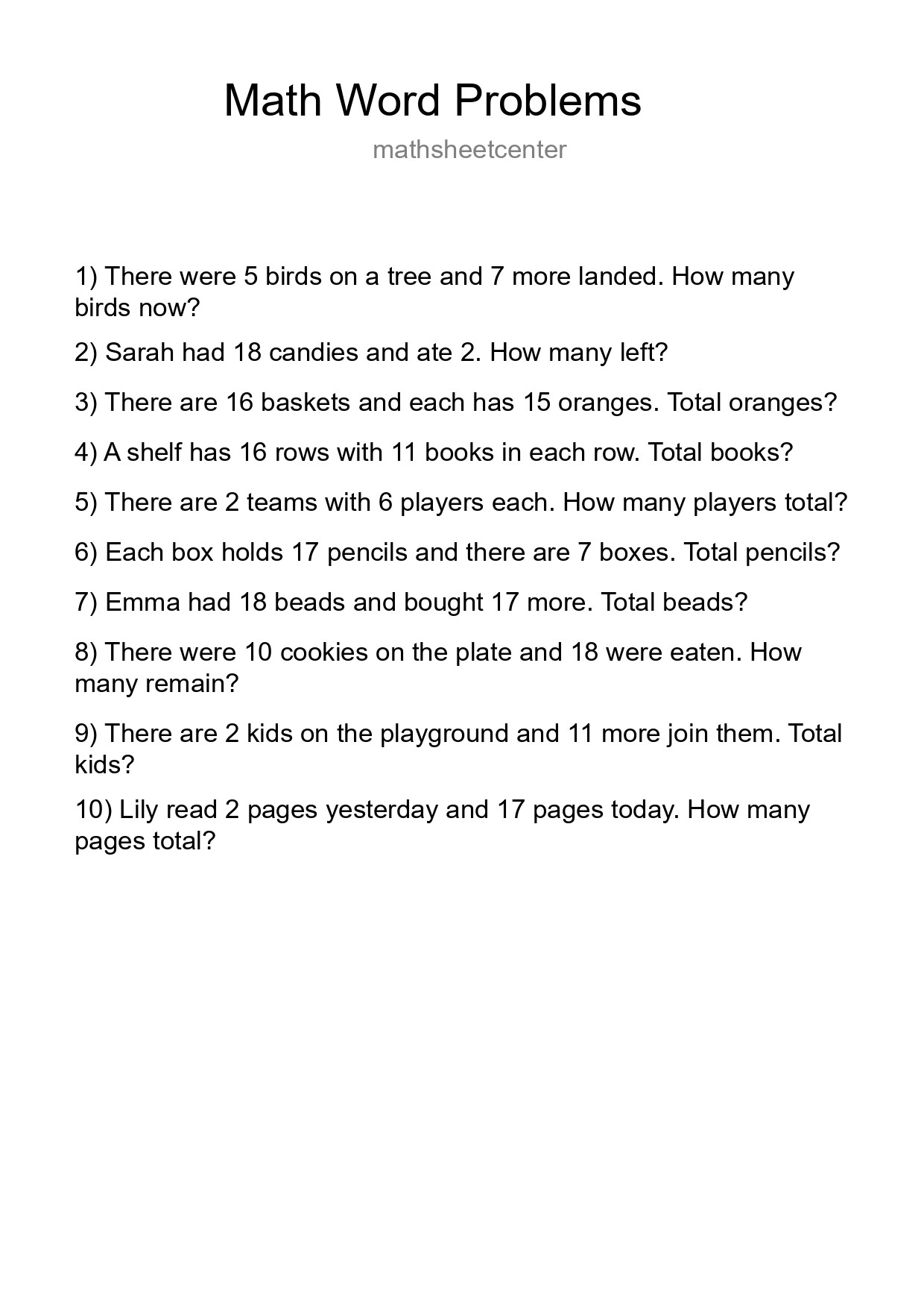 Math Word Problem Worksheet