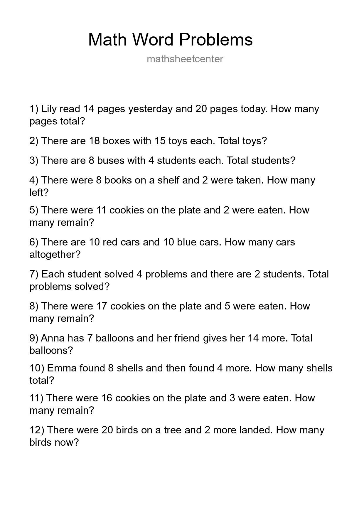 Math Word Problem Worksheet