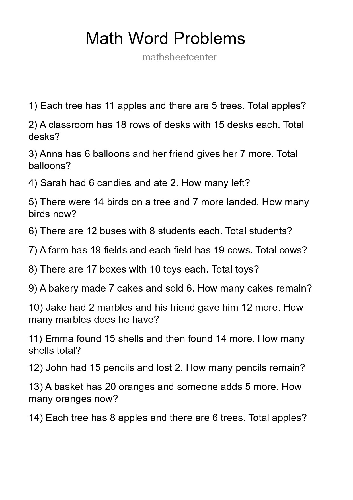 Math Word Problem Worksheet