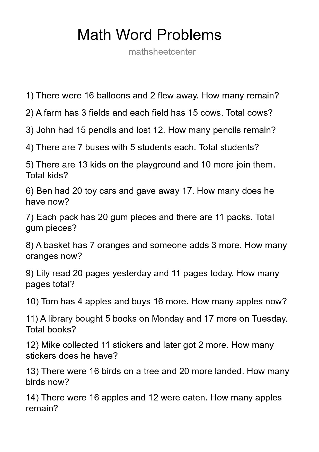 Math Word Problem Worksheet