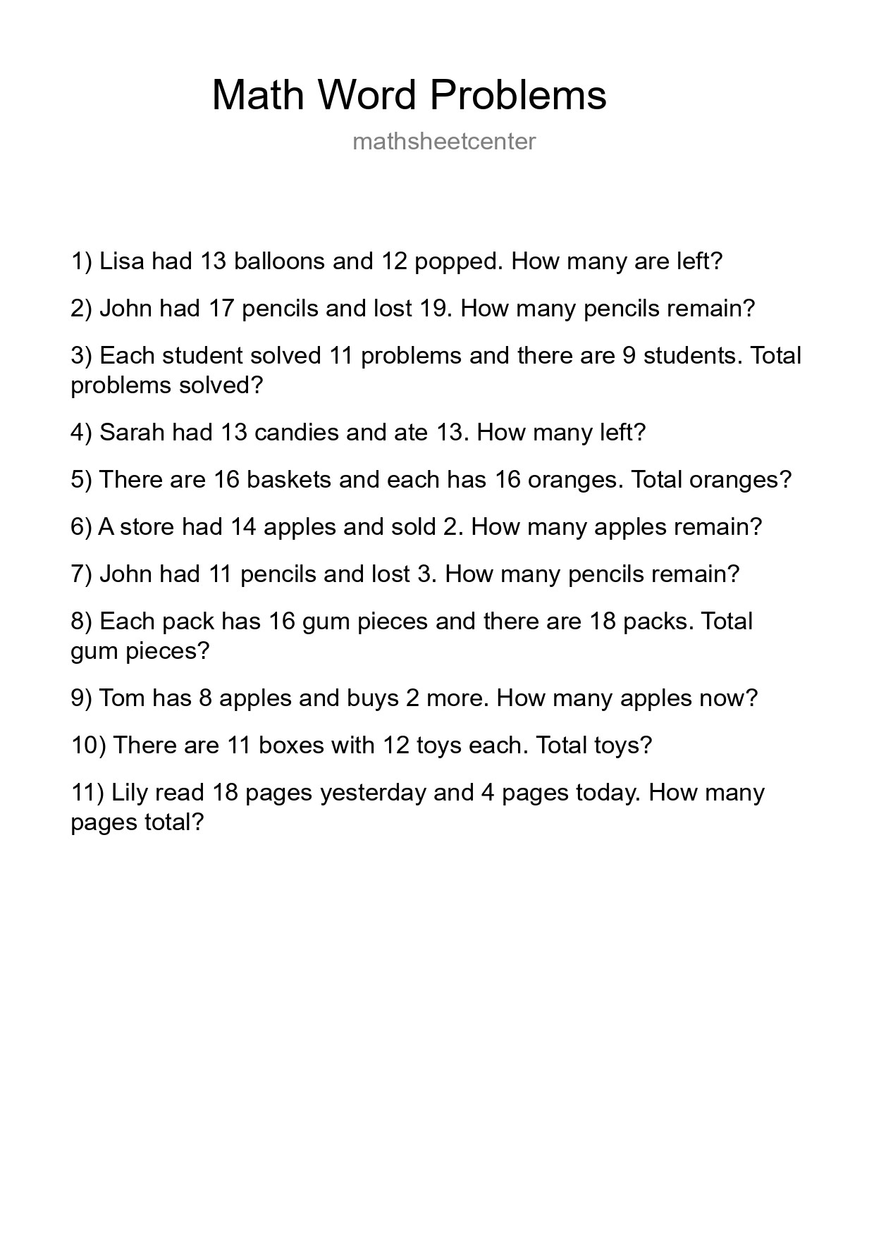Math Word Problem Worksheet