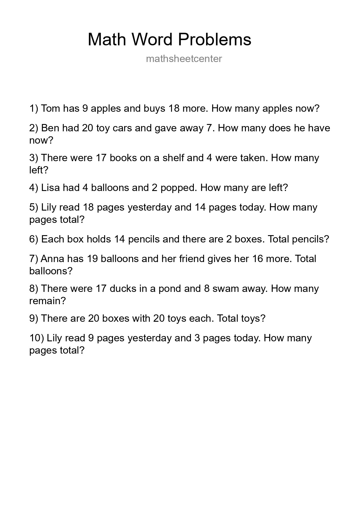 Math Word Problem Worksheet