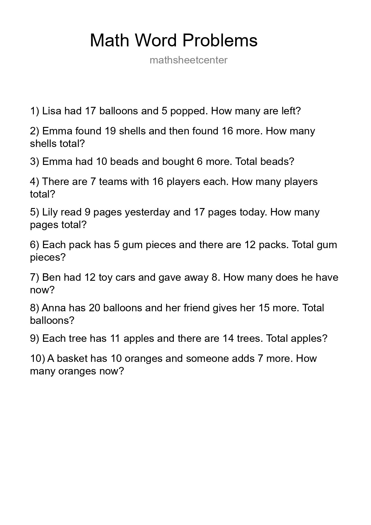 Math Word Problem Worksheet